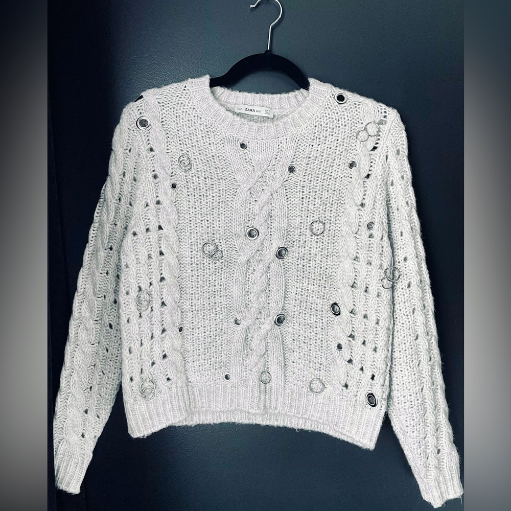 Zara vintage grey cable knit chunky sweater with silver embellishments jewels